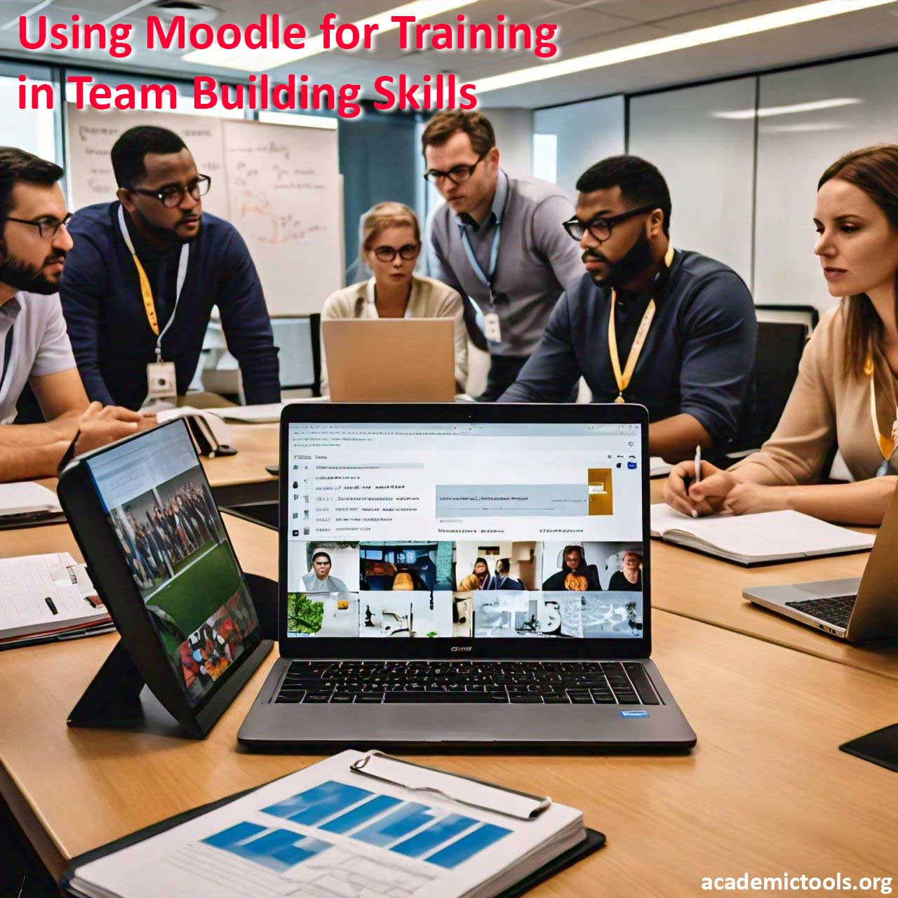 Professional training session in an office setting with participants engaged around a laptop displaying a presentation slide titled ‘Using Moodle for Training in Team Building Skills’. The image highlights a collaborative learning environment and the use of technology in modern corporate training.