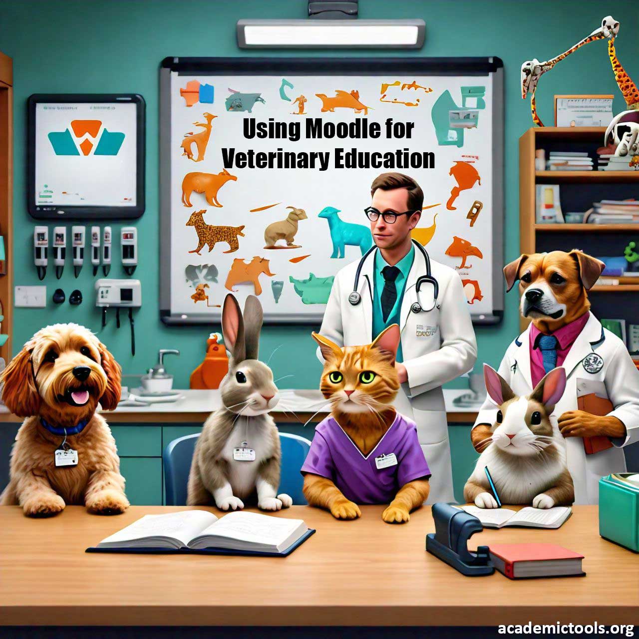 Educational veterinary setting with Moodle interface, featuring a diverse group of animals and a veterinarian.