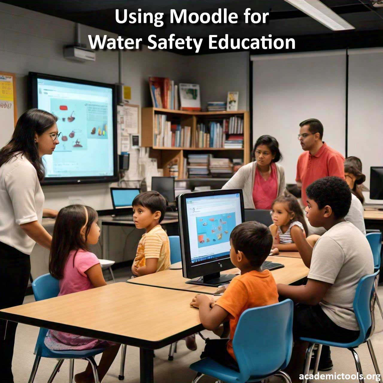 Classroom with students using Moodle for water safety education on computers.